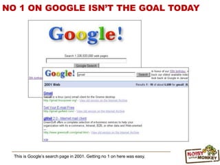 This is Google‟s search page in 2001. Getting no 1 on here was easy.
NO 1 ON GOOGLE ISN’T THE GOAL TODAY
 