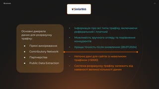 / 11
/ 11
Основні джерела
даних для розрахунку
трафіку:
● Прямі вимірювання
● Contributory Network
● Партнерства
● Public Data Extraction
+ Інформація про всі типи трафіку, включаючи
реферальний і платний
+ Можливість зручного огляду та порівняння
конкурентів
+ Краща точність після оновлення (28.07.2024)
− Неточні дані для сайтів із невеликим
трафіком (<5000)
− Система розрахунку трафіку залежить від
наявності великої кількості даних
 