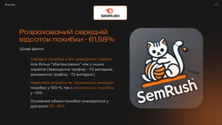 / 14
Розрахований середній
відсоток похибки - 61,58%
Цікаві факти:
⠂ Середня похибка в бік завищення трафіку.
Але більш “збалансовано” ніж у інших
сервісів (Завищення трафіку - 112 випадків,
заниження трафіку - 72 випадки.)
⠂ Невелика кількість як “аномально-високих”
похибок у 100+%, так і мінімальних похибок
у ~10%
⠂ Основний объем похибок знаходиться у
діапазоні 35 - 80%
 