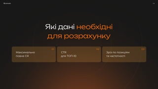 / 18
Які дані необхідні
для розрахунку
/ 18
Зріз по позиціям
та частотності
CTR
для ТОП-10
Максимально
повне СЯ
01 02 03
 