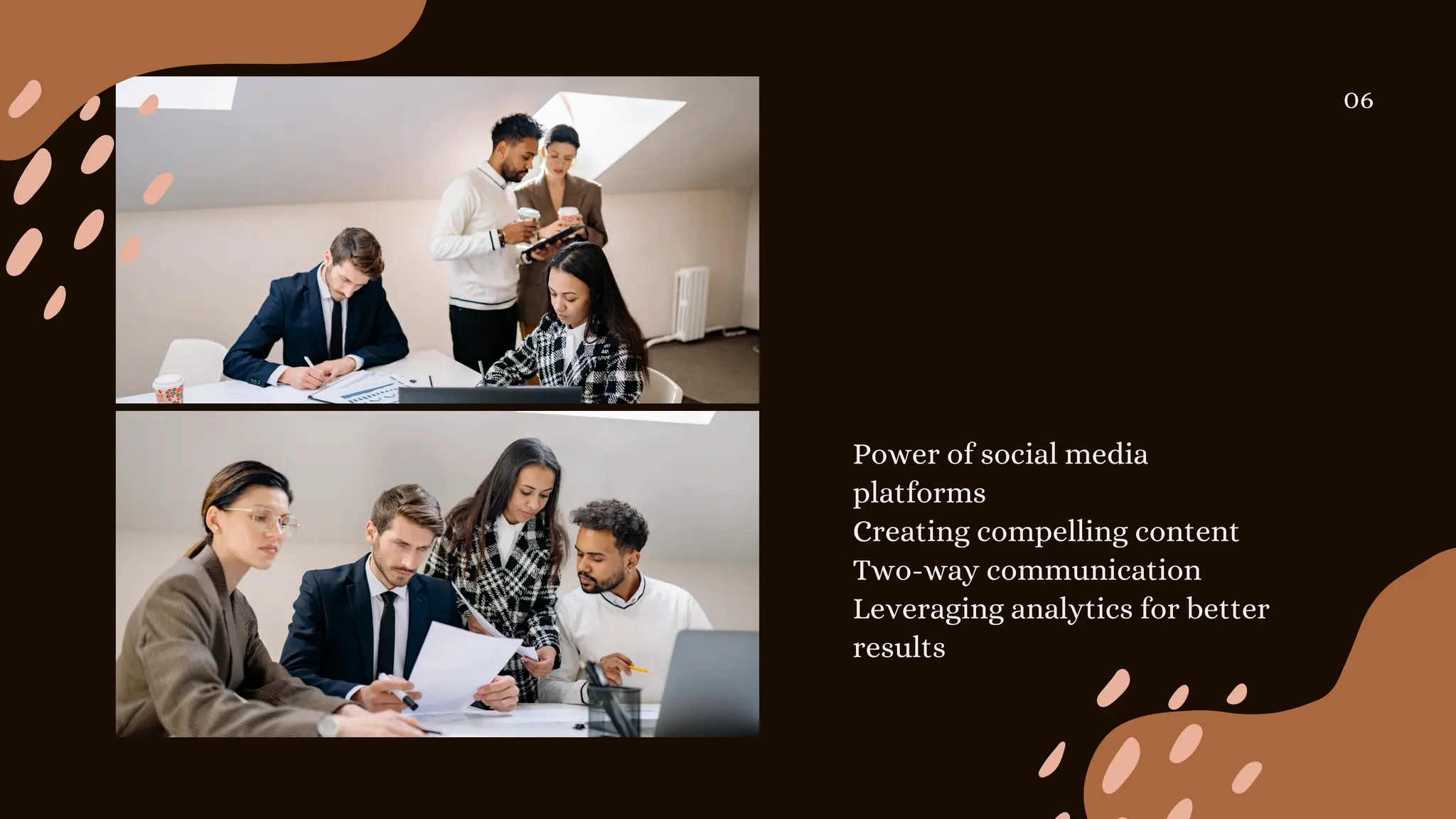 Power of social media
platforms
Creating compelling content
Two-way communication
Leveraging analytics for better
results
06
 