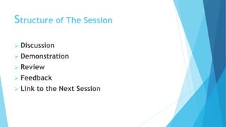 Structure of The Session
➢ Discussion
➢ Demonstration
➢ Review
➢ Feedback
➢ Link to the Next Session
 