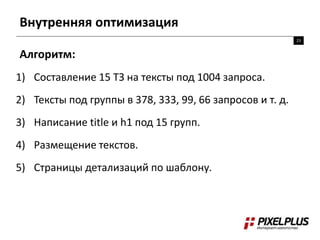 Внутренняя оптимизация
23
Алгоритм:
1) Составление 15 ТЗ на тексты под 1004 запроса.
2) Тексты под группы в 378, 333, 99, 66 запросов и т. д.
3) Написание title и h1 под 15 групп.
4) Размещение текстов.
5) Страницы детализаций по шаблону.
 