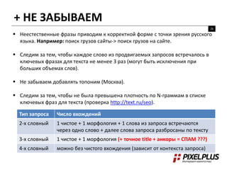 + НЕ ЗАБЫВАЕМ
26
 Неестественные фразы приводим к корректной форме с точки зрения русского
языка. Например: поиск грузов сайты-> поиск грузов на сайте.
 Следим за тем, чтобы каждое слово из продвигаемых запросов встречалось в
ключевых фразах для текста не менее 3 раз (могут быть исключения при
больших объемах слов).
 Не забываем добавлять топоним (Москва).
 Следим за тем, чтобы не была превышена плотность по N-граммам в списке
ключевых фраз для текста (проверка http://text.ru/seo).
Тип запроса Число вхождений
2-х словный 1 чистое + 1 морфология + 1 слова из запроса встречаются
через одно слово + далее слова запроса разбросаны по тексту
3-х словный 1 чистое + 1 морфология (+ точное title + анкоры = СПАМ ???)
4-х словный можно без чистого вхождения (зависит от контекста запроса)
 