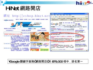 HiNet 網路開店 網址  http://eshop.hinet.net Google 關鍵字查詢”網路開店”共 879,000 項中 ,  排名第一 