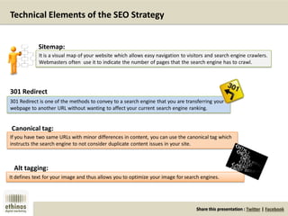 Share this presentation : Twitter | Facebook
Technical Elements of the SEO Strategy
It is a visual map of your website which allows easy navigation to visitors and search engine crawlers.
Webmasters often use it to indicate the number of pages that the search engine has to crawl.
Sitemap:
301 Redirect is one of the methods to convey to a search engine that you are transferring your
webpage to another URL without wanting to affect your current search engine ranking.
301 Redirect
It defines text for your image and thus allows you to optimize your image for search engines.
If you have two same URLs with minor differences in content, you can use the canonical tag which
instructs the search engine to not consider duplicate content issues in your site.
Canonical tag:
Alt tagging:
 