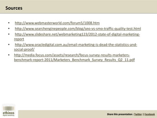 Share this presentation : Twitter | Facebook
• http://www.webmasterworld.com/forum5/1008.htm
• http://www.searchenginepeople.com/blog/seo-vs-smo-traffic-quality-test.html
• http://www.slideshare.net/webmarketing123/2012-state-of-digital-marketing-
report
• http://www.oracledigital.com.au/email-marketing-is-dead-the-statistics-and-
social-proof/
• http://media.focus.com/assets/research/focus-survey-results-marketers-
benchmark-report-2011/Marketers_Benchmark_Survey_Results_Q2_11.pdf
Sources
 