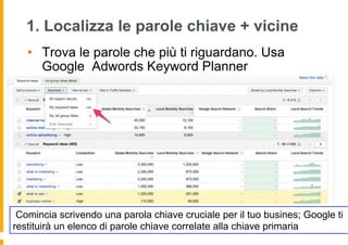 1. Localizza le parole chiave + vicine
•  Trova le parole che più ti riguardano. Usa
Google Adwords Keyword Planner
Cominc...