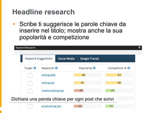 Headline research
•  Scribe ti suggerisce le parole chiave da
inserire nel titolo; mostra anche la sua
popolarità e compet...