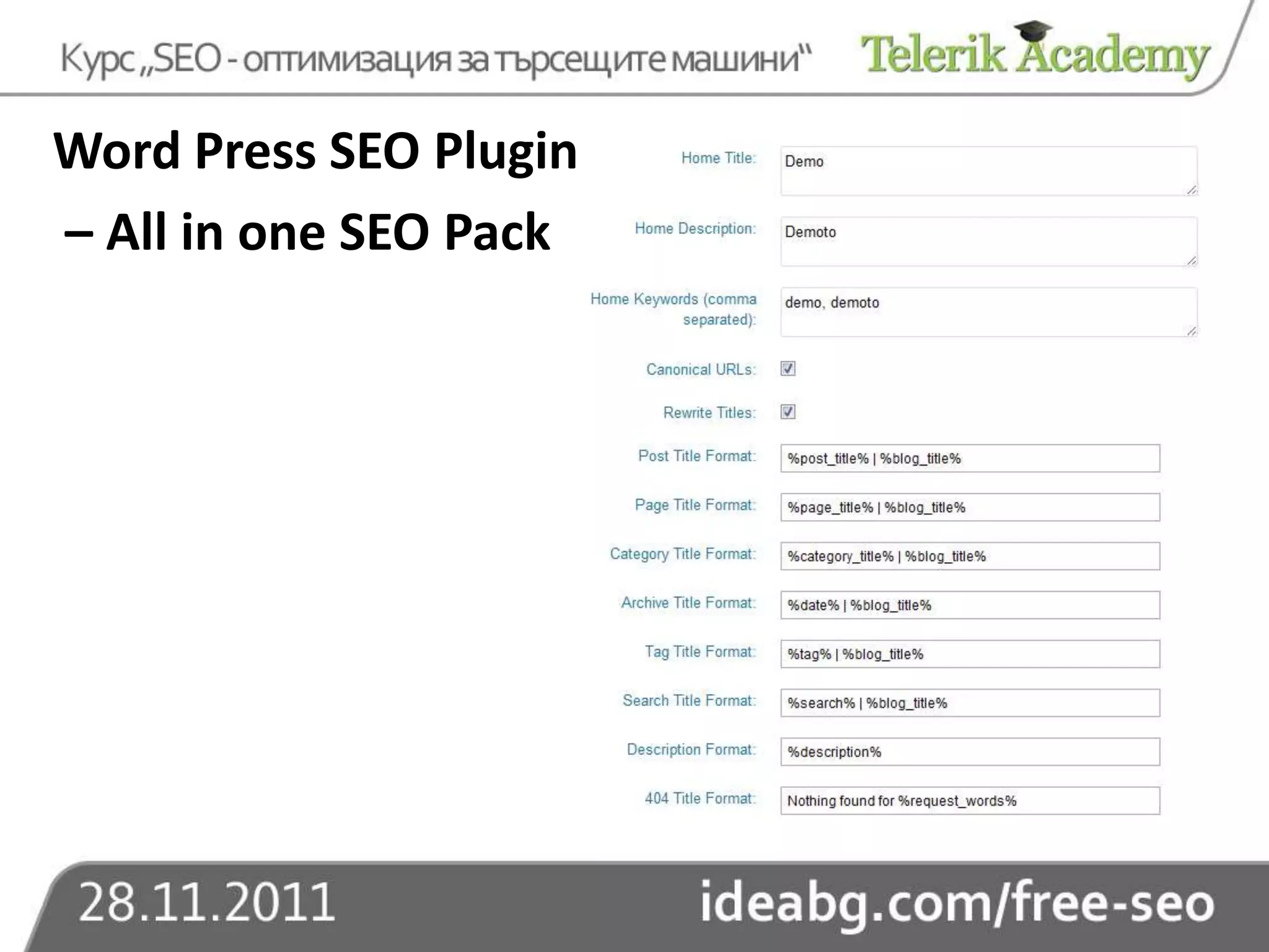 Word Press SEO Plugin
– All in one SEO Pack
 