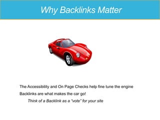 Why Backlinks Matter
The Accessibility and On Page Checks help fine tune the engine
Backlinks are what makes the car go!
Think of a Backlink as a “vote” for your site
 