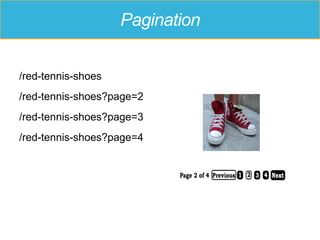 Pagination
/red-tennis-shoes
/red-tennis-shoes?page=2
/red-tennis-shoes?page=3
/red-tennis-shoes?page=4
 
