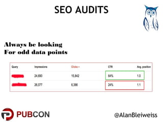 SEO AUDITS 
@AlanBleiweiss 
Always be looking 
For odd data points 
 