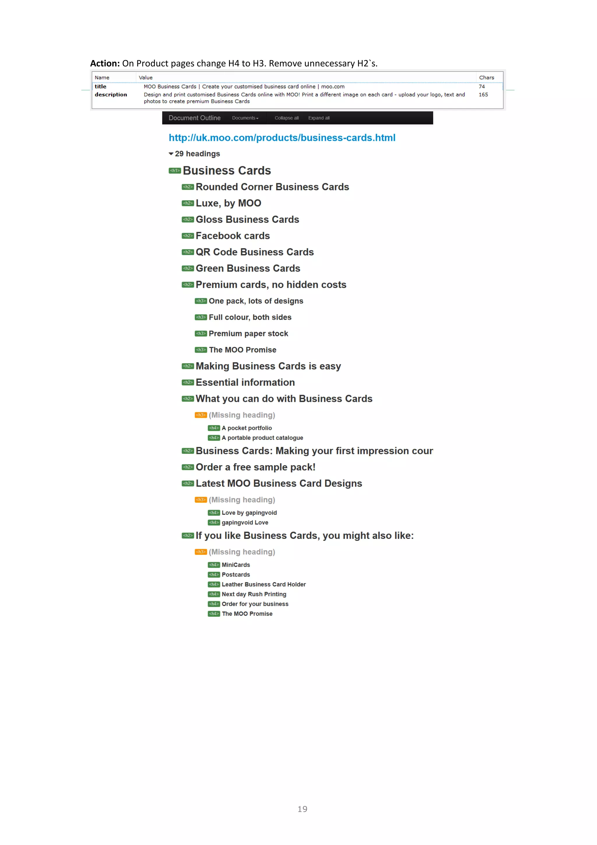 19
Action: On Product pages change H4 to H3. Remove unnecessary H2`s.
 