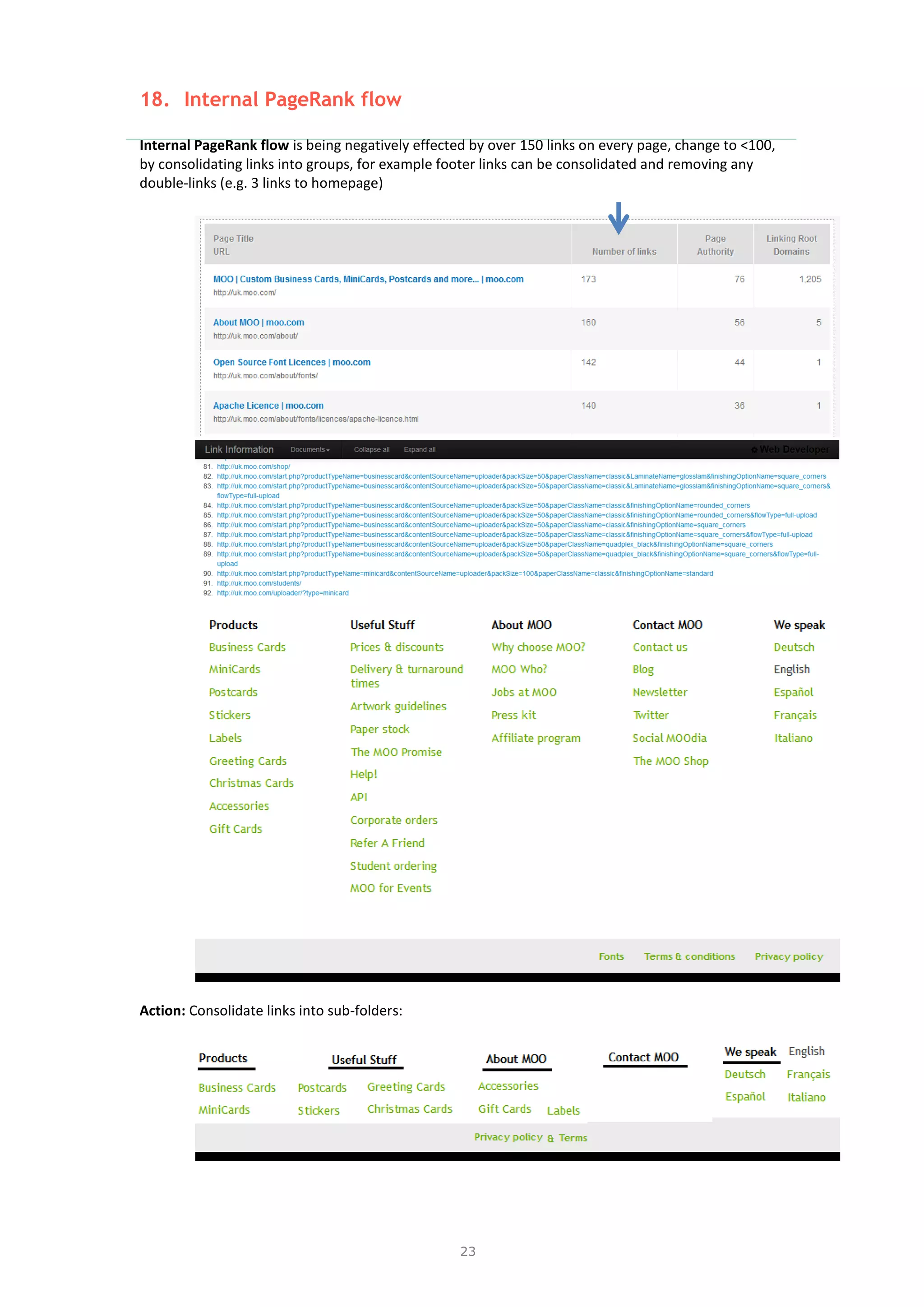 23
18. Internal PageRank flow
Internal PageRank flow is being negatively effected by over 150 links on every page, change to <100,
by consolidating links into groups, for example footer links can be consolidated and removing any
double-links (e.g. 3 links to homepage)
Action: Consolidate links into sub-folders:
 