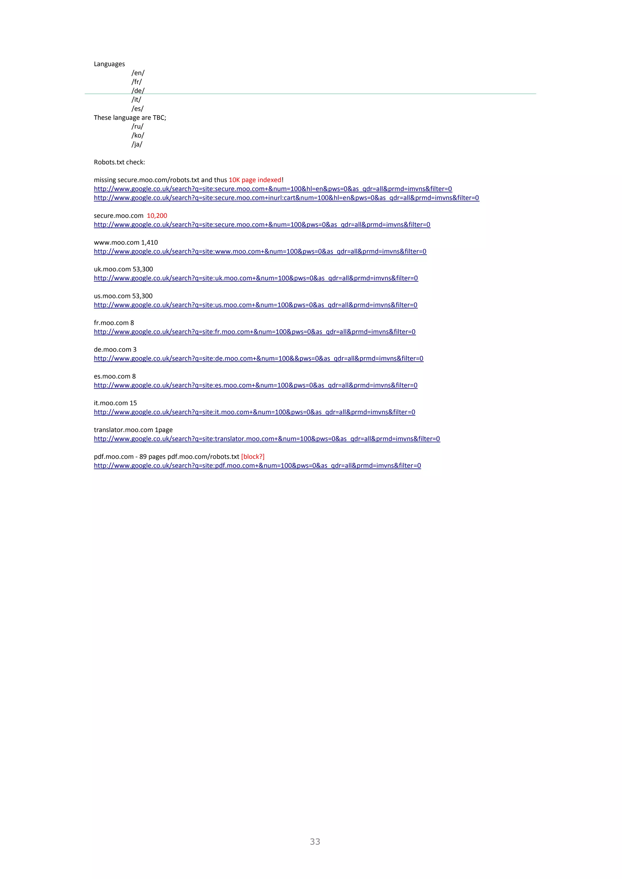 33
Languages
/en/
/fr/
/de/
/it/
/es/
These language are TBC;
/ru/
/ko/
/ja/
Robots.txt check:
missing secure.moo.com/robots.txt and thus 10K page indexed!
http://www.google.co.uk/search?q=site:secure.moo.com+&num=100&hl=en&pws=0&as_qdr=all&prmd=imvns&filter=0
http://www.google.co.uk/search?q=site:secure.moo.com+inurl:cart&num=100&hl=en&pws=0&as_qdr=all&prmd=imvns&filter=0
secure.moo.com 10,200
http://www.google.co.uk/search?q=site:secure.moo.com+&num=100&pws=0&as_qdr=all&prmd=imvns&filter=0
www.moo.com 1,410
http://www.google.co.uk/search?q=site:www.moo.com+&num=100&pws=0&as_qdr=all&prmd=imvns&filter=0
uk.moo.com 53,300
http://www.google.co.uk/search?q=site:uk.moo.com+&num=100&pws=0&as_qdr=all&prmd=imvns&filter=0
us.moo.com 53,300
http://www.google.co.uk/search?q=site:us.moo.com+&num=100&pws=0&as_qdr=all&prmd=imvns&filter=0
fr.moo.com 8
http://www.google.co.uk/search?q=site:fr.moo.com+&num=100&pws=0&as_qdr=all&prmd=imvns&filter=0
de.moo.com 3
http://www.google.co.uk/search?q=site:de.moo.com+&num=100&&pws=0&as_qdr=all&prmd=imvns&filter=0
es.moo.com 8
http://www.google.co.uk/search?q=site:es.moo.com+&num=100&pws=0&as_qdr=all&prmd=imvns&filter=0
it.moo.com 15
http://www.google.co.uk/search?q=site:it.moo.com+&num=100&pws=0&as_qdr=all&prmd=imvns&filter=0
translator.moo.com 1page
http://www.google.co.uk/search?q=site:translator.moo.com+&num=100&pws=0&as_qdr=all&prmd=imvns&filter=0
pdf.moo.com - 89 pages pdf.moo.com/robots.txt [block?]
http://www.google.co.uk/search?q=site:pdf.moo.com+&num=100&pws=0&as_qdr=all&prmd=imvns&filter=0
 