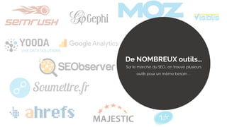De NOMBREUX outils…
Sur le marché du SEO, on trouve plusieurs
outils pour un même besoin…
 