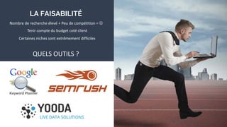 LA FAISABILITÉ
Nombre de recherche élevé + Peu de compétition = 
QUELS OUTILS ?
Tenir compte du budget coté client
Certaines niches sont extrêmement difficiles
 