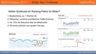 Valider Quellcode ein Ranking-Faktor für Bilder?
1. Beobachtung, ca. 1 Wochen alt
2. Plötzlicher, zunächst unerklärlicher Traffic-Einbruch
3. Ca. 70% der Besucher über die Bildersuche
4. Die waren plötzlich zum großen Teil weg
 