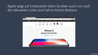 Apple zeigt auf Unterseiten beim Scrollen auch nur noch
die relevanten Links und Call-to-Action-Buttons
Quelle: Apple
 