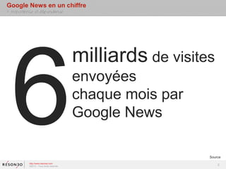 Google News en un chiffre
> Importance et dépendance




  6
                                         milliards de visites
                                         envoyées
                                         chaque mois par
                                         Google News

                                                            Source
          http://www.resoneo.com
          ©2013 – Tous droits réservés
                                                                2
 