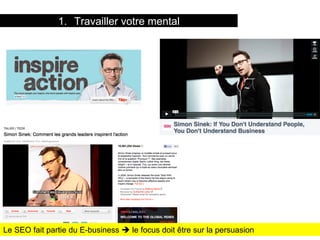18 titre de la présentation
1.  Travailler votre mental
Le SEO fait partie du E-business è le focus doit être sur la persuasion
 