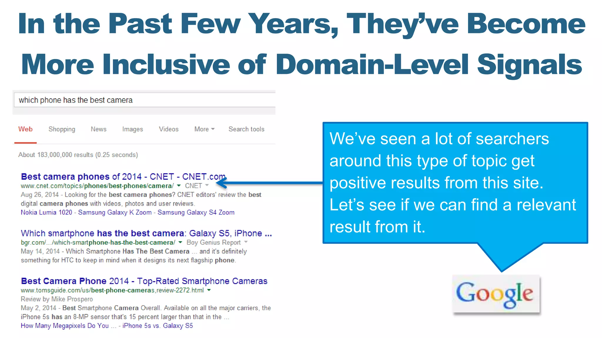 In the Past Few Years, They’ve Become
More Inclusive of Domain-Level Signals
We’ve seen a lot of searchers
around this type of topic get
positive results from this site.
Let’s see if we can find a relevant
result from it.
 