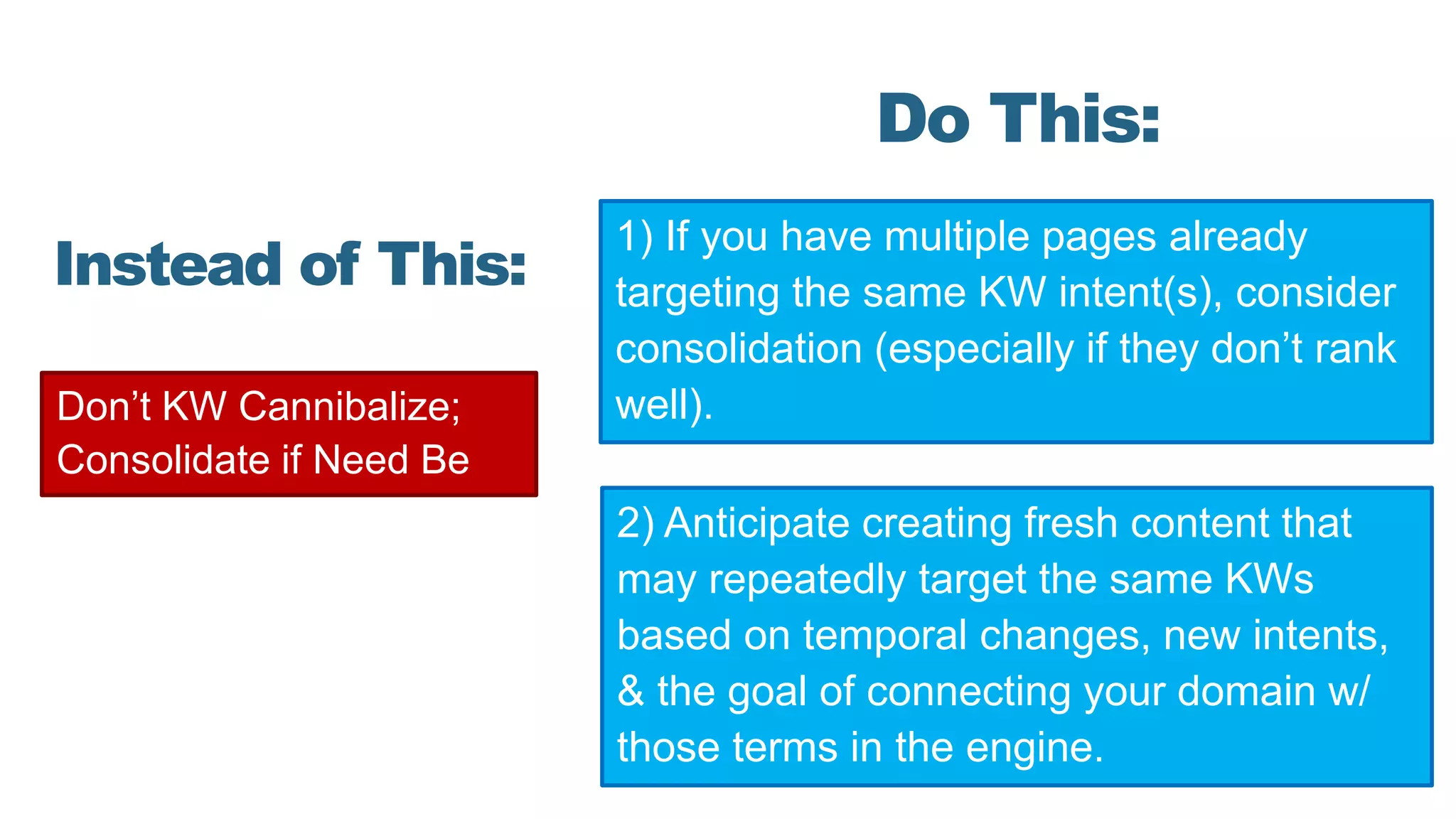 Don’t KW Cannibalize;
Consolidate if Need Be
Instead of This:
Do This:
1) If you have multiple pages already
targeting the same KW intent(s), consider
consolidation (especially if they don’t rank
well).
2) Anticipate creating fresh content that
may repeatedly target the same KWs
based on temporal changes, new intents,
& the goal of connecting your domain w/
those terms in the engine.
 