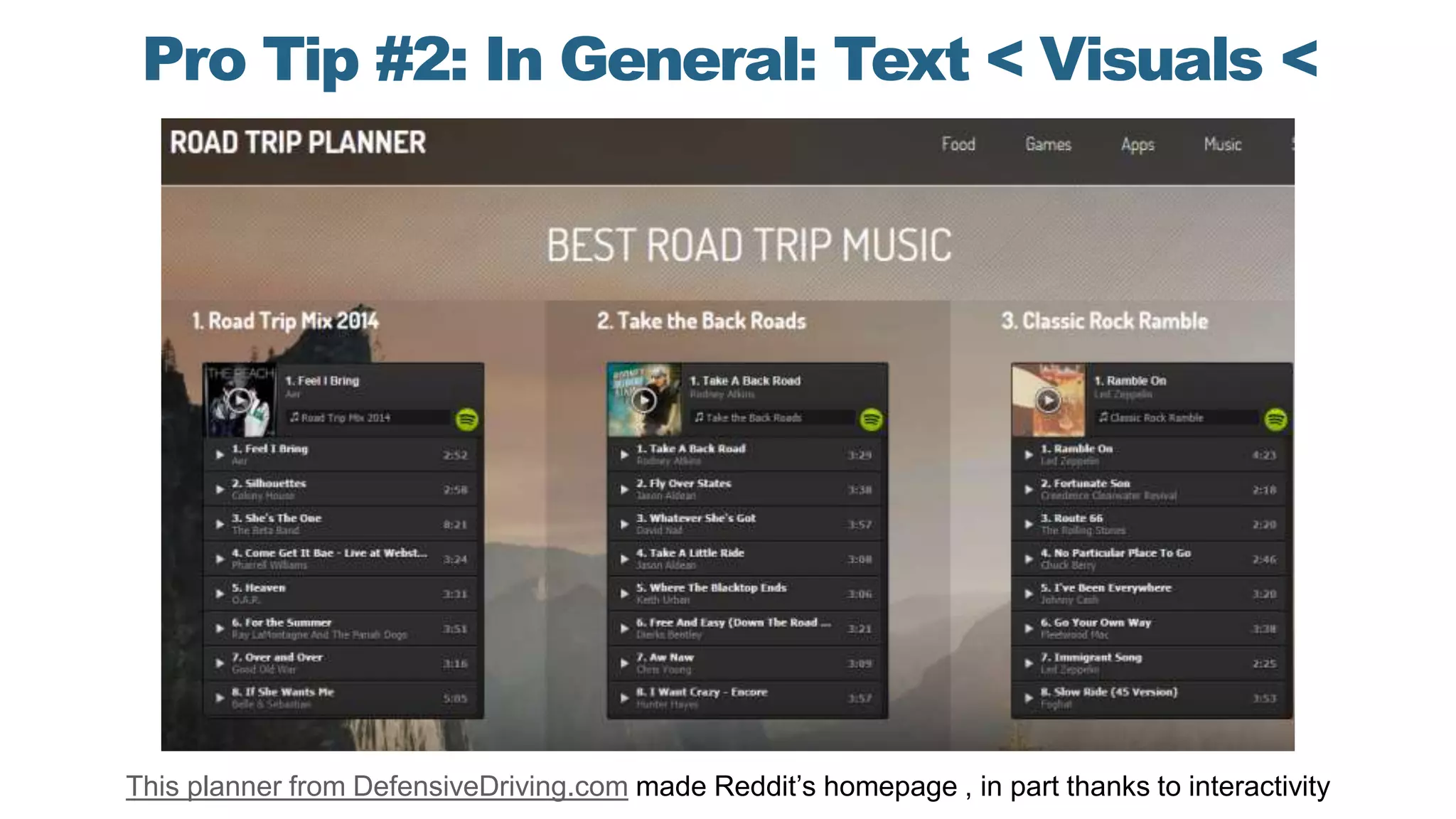 Pro Tip #2: In General: Text < Visuals <
Interactive
This planner from DefensiveDriving.com made Reddit’s homepage , in part thanks to interactivity
 