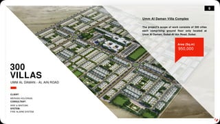 9
300
VILLAS
Umm Al Daman Villa Complex
The project's scope of work consists of 300 villas
each comprising ground floor only located at
Umm Al Daman, Dubai-Al Ain Road, Dubai.
950,000
Area (Sq.m)
UMM AL DAMAN - AL AIN ROAD
CLIENT:
MERAAS HOLDINGS.
CONSULTANT:
ARIF & BINTOAK.
SYSTEM:
FIRE ALARM SYSTEM.
 