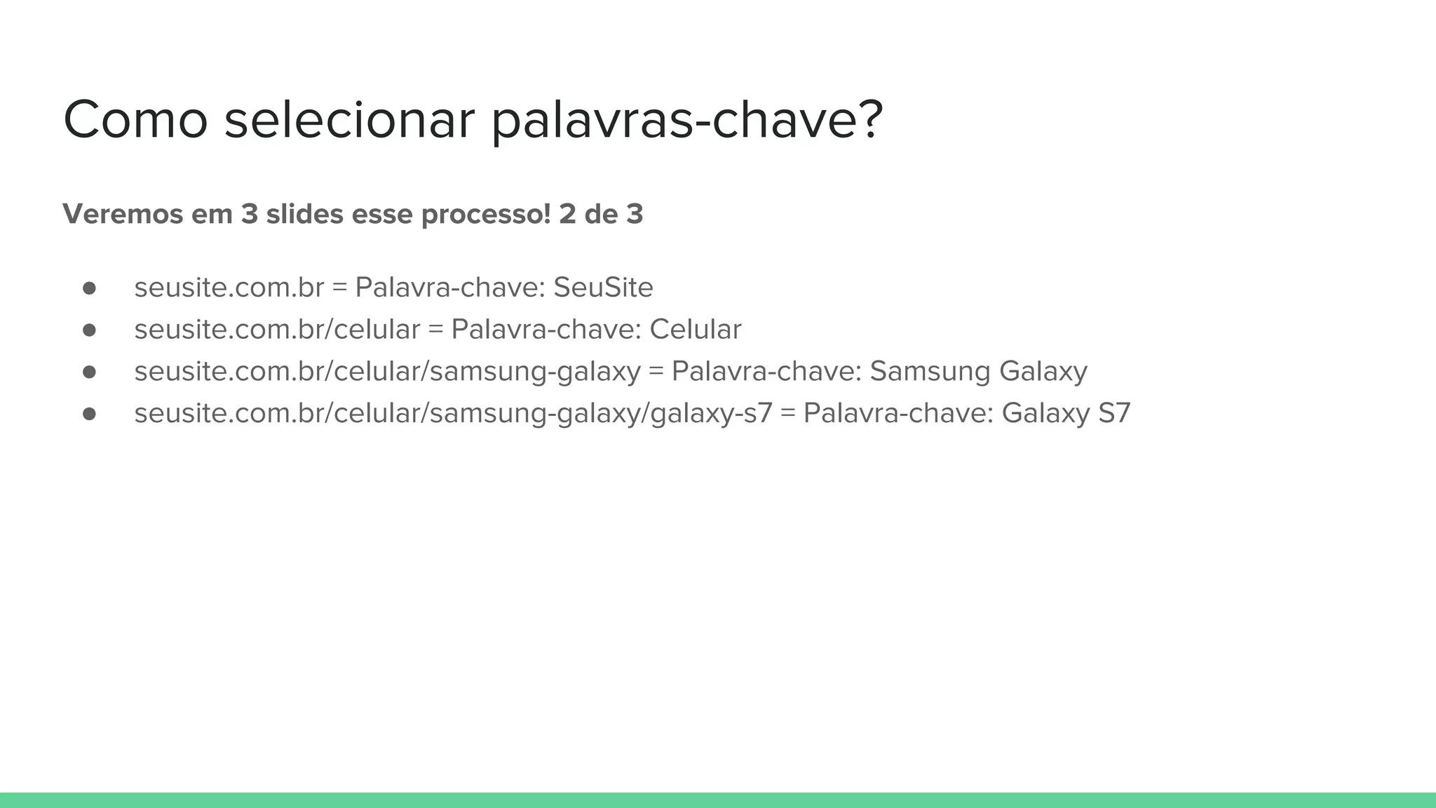 Como selecionar palavras-chave?
Veremos em 3 slides esse processo! 2 de 3
● seusite.com.br = Palavra-chave: SeuSite
● seusite.com.br/celular = Palavra-chave: Celular
● seusite.com.br/celular/samsung-galaxy = Palavra-chave: Samsung Galaxy
● seusite.com.br/celular/samsung-galaxy/galaxy-s7 = Palavra-chave: Galaxy S7
 