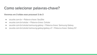 Como selecionar palavras-chave?
Veremos em 3 slides esse processo! 2 de 3
● seusite.com.br = Palavra-chave: SeuSite
● seusite.com.br/celular = Palavra-chave: Celular
● seusite.com.br/celular/samsung-galaxy = Palavra-chave: Samsung Galaxy
● seusite.com.br/celular/samsung-galaxy/galaxy-s7 = Palavra-chave: Galaxy S7
 