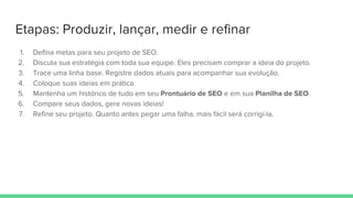 Etapas: Produzir, lançar, medir e refinar
1. Defina metas para seu projeto de SEO.
2. Discuta sua estratégia com toda sua equipe. Eles precisam comprar a ideia do projeto.
3. Trace uma linha base. Registre dados atuais para acompanhar sua evolução.
4. Coloque suas ideias em prática.
5. Mantenha um histórico de tudo em seu Prontuário de SEO e em sua Planilha de SEO.
6. Compare seus dados, gere novas ideias!
7. Refine seu projeto. Quanto antes pegar uma falha, mais fácil será corrigí-la.
 
