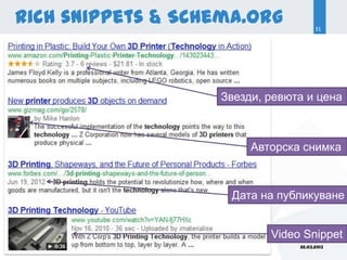 Rich snippets & Schema.org                31




                   Звезди, ревюта и цена



                        Авторска снимка



                     Дата на публикуване


                            Video Snippet
                        SEO Conference 2013
                                    22.03.2013
 