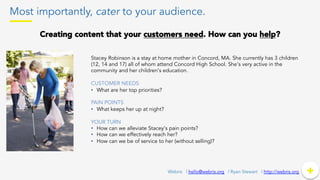 Most importantly, cater to your audience.
+	
  +Webris | hello@webris.org | Ryan Stewart | http://webris.org
Stacey Robinson is a stay at home mother in Concord, MA. She currently has 3 children
(12, 14 and 17) all of whom attend Concord High School. She’s very active in the
community and her children’s education.
CUSTOMER NEEDS
•  What are her top priorities?
PAIN POINTS
•  What keeps her up at night?
YOUR TURN
•  How can we alleviate Stacey’s pain points?
•  How can we effectively reach her?
•  How can we be of service to her (without selling)?
Creating content that your customers need. How can you help?
 