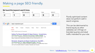 Making a page SEO friendly.
+	
  +Webris | hello@webris.org | Ryan Stewart | http://webris.org
Poorly optimized content
does not perform well in
search engines.
This can be detrimental to
brand equity as other
websites can infringe on
branded queries and steal
traffic intended for your site.
 