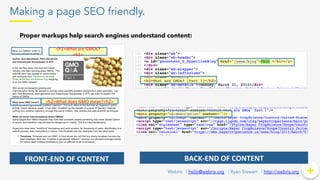 Making a page SEO friendly.
+	
  +Webris | hello@webris.org | Ryan Stewart | http://webris.org
Proper markups help search engines understand content:
<h1>What	
  are	
  GMOs?
<h1>	
  
FRONT-­‐END	
  OF	
  CONTENT	
   BACK-­‐END	
  OF	
  CONTENT	
  
<h2>What	
  does	
  GMO	
  mean?<h2>	
  
 
