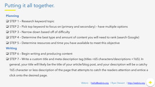 Putting it all together.
+	
  +Webris | hello@webris.org | Ryan Stewart | http://webris.org
Planning
q  STEP 1 – Research keyword topic
q  STEP 2 – Pick top keyword to focus on (primary and secondary) – have multiple options
q  STEP 3 – Narrow down based off of difﬁculty
q  STEP 4 – Determine the best type and amount of content you will need to rank (search Google)
q  STEP 5 – Determine resources and time you have available to meet this objective
Writing
q  STEP 6 – Begin writing and producing content
q  STEP 7 – Write a custom title and meta description tag (titles <65 characters/descriptions <165). In
general, your title will likely be the title of your article/blog post, and your description will be a catchy
165 character or less description of the page that attempts to catch the readers attention and entice a
click onto the desired page.
 