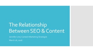 The Relationship
BetweenSEO &Content
Jennifer Lind, Content Marketing Strategist
March 16, 2016
 