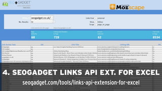 GET GREAT TECH NOTES HERE!




4. SEOGADGET LINKS API EXT. FOR EXCEL
    seogadget.com/tools/links-api-extension-for-excel
 