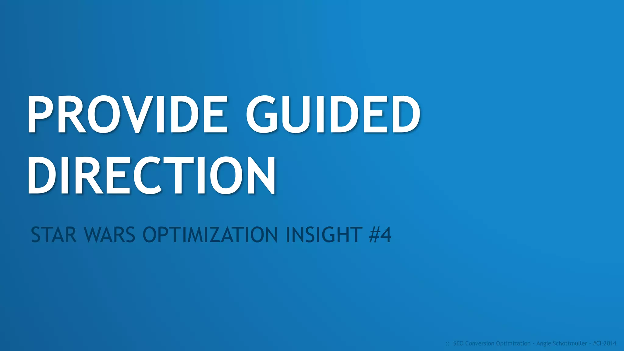 AUDIT & FIX NON-MATCHES
1. Crawl your site with Screaming Frog.
2. Export to Excel.
3. Filter Title and H1 Differences.
4. Audit and Fix!
Organic Conversion Optimization - Angie Schottmuller @aschottmuller | #CH2014
Screaming Frog SEO Tool: http://bit.ly/screamingfrogtool
Crawls websites and extracts page meta data (and much more) info. 500 URLs free. Unlimited-use license $99/yr.
 