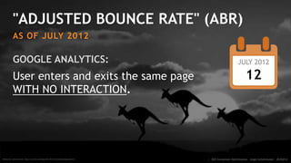 "BOUNCE RATE" (ORIGINAL)
PRIOR TO JULY 2012
GOOGLE ANALYTICS:
User enters and exits the same page.
:: SEO Conversion Optimization - Angie Schottmuller - #CH2014
JULY 2012
11
 