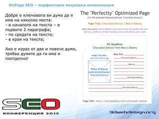 OnPage SEO – перфектната вътрешна оптимизация
Добре е ключовата ви дума да я
има на няколко места:
- в началото на текста – в
първите 2 параграфа;
- по средата на текста;
- в края на текста;
Ако е израз от две и повече думи,
трябва думите да ги има и
поотделно!
 