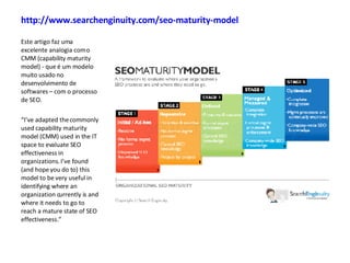 http://www.searchenginuity.com/seo-maturity-model   Este artigo faz uma excelente analogia com o CMM (capability maturity model) - que é um modelo muito usado no desenvolvimento de softwares – com o processo de SEO. “ I’ve adapted the commonly used capability maturity model (CMM) used in the IT space to evaluate SEO effectiveness in organizations. I’ve found (and hope you do to) this model to be very useful in identifying where an organization currently is and where it needs to go to reach a mature state of SEO effectiveness.” 