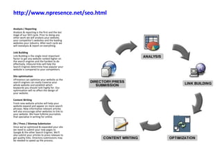 http://www.npresence.net/seo.html   Analysis / Reporting Analysis & reporting is the first and the last stage of our SEO cycle. Prior to doing any other work we will analysis your website, your competitor's websites and the leading websites your industry. After each cycle we will reanalysis & report on everything. Link Building Link Building is the single most important factor to get any website ranked higher on the search engines and the hardest to do effectively. Inbound links will help the Search Engines determine how popular your website is compared to your competitors. Site optimisation nPresence can optimize your website so the search engines can easily traverse your whole website and establish which keywords you should rank highly for. Our optimisation will no affect the design of your website. Content Writing Fresh new website articles will help your website expand and appear on more search phrases. New informative relevant articles will also encourage other websites to link to your website. We have fulltime journalists that specialise in writing for online. Dir / Press / Sitemap Submission Once we've optimized & expanded your site we need to submit your new pages to Google & the other Search Engines. We'll also submit your articles to press releases to get quality links. Directory submissions may be needed to speed up the process. 