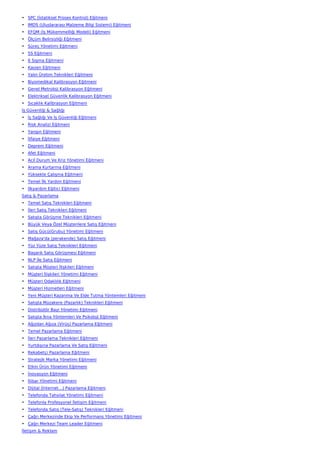 • SPC (İstatiksel Proses Kontrol) Eğitmeni
• IMDS (Uluslararası Malzeme Bilgi Sistemi) Eğitmeni
• EFQM (İş Mükemmelliği Modeli) Eğitmeni
• Ölçüm Belirsizliği Eğitmeni
• Süreç Yönetimi Eğitmeni
• 5S Eğitmeni
• 6 Sigma Eğitmeni
• Kaizen Eğitmeni
• Yalın Üretim Teknikleri Eğitmeni
• Biyomedikal Kalibrasyon Eğitmeni
• Genel Metroloji Kalibrasyon Eğitmeni
• Elektriksel Güvenlik Kalibrasyon Eğitmeni
• Sıcaklık Kalibrasyon Eğitmeni
İş Güvenliği & Sağlığı
• İş Sağlığı Ve İş Güvenliği Eğitmeni
• Risk Analizi Eğitmeni
• Yangın Eğitmeni
• İtfaiye Eğitmeni
• Deprem Eğitmeni
• Afet Eğitmeni
• Acil Durum Ve Kriz Yönetimi Eğitmeni
• Arama Kurtarma Eğitmeni
• Yüksekte Çalışma Eğitmeni
• Temel İlk Yardım Eğitmeni
• İlkyardım Eğitici Eğitmeni
Satış & Pazarlama
• Temel Satış Teknikleri Eğitmeni
• İleri Satış Teknikleri Eğitmeni
• Satışta Görüşme Teknikleri Eğitmeni
• Büyük Veya Özel Müşterilere Satış Eğitmeni
• Satış Gücü(Grubu) Yönetimi Eğitmeni
• Mağaza'da (perakende) Satış Eğitmeni
• Yüz Yüze Satış Teknikleri Eğitmeni
• Başarılı Satış Görüşmesi Eğitmeni
• NLP İle Satış Eğitmeni
• Satışta Müşteri İlişkileri Eğitmeni
• Müşteri İlişkileri Yönetimi Eğitmeni
• Müşteri Odaklılık Eğitmeni
• Müşteri Hizmetleri Eğitmeni
• Yeni Müşteri Kazanma Ve Elde Tutma Yöntemleri Eğitmeni
• Satışta Müzakere (Pazarlık) Teknikleri Eğitmeni
• Distribütör Bayi Yönetimi Eğitmeni
• Satışta İkna Yöntemleri Ve Psikoloji Eğitmeni
• Ağızdan Ağıza (Virüs) Pazarlama Eğitmeni
• Temel Pazarlama Eğitmeni
• İleri Pazarlama Teknikleri Eğitmeni
• Yurtdışına Pazarlama Ve Satış Eğitmeni
• Rekabetçi Pazarlama Eğitmeni
• Stratejik Marka Yönetimi Eğitmeni
• Etkin Ürün Yönetimi Eğitmeni
• İnovasyon Eğitmeni
• İtibar Yönetimi Eğitmeni
• Dijital (İnternet…) Pazarlama Eğitmeni
• Telefonda Tahsilat Yönetimi Eğitmeni
• Telefonla Profesyonel İletişim Eğitmeni
• Telefonda Satış (Tele-Satış) Teknikleri Eğitmeni
• Çağrı Merkezinde Ekip Ve Performans Yönetimi Eğitmeni
• Çağrı Merkezi Team Leader Eğitmeni
İletişim & Reklam
 