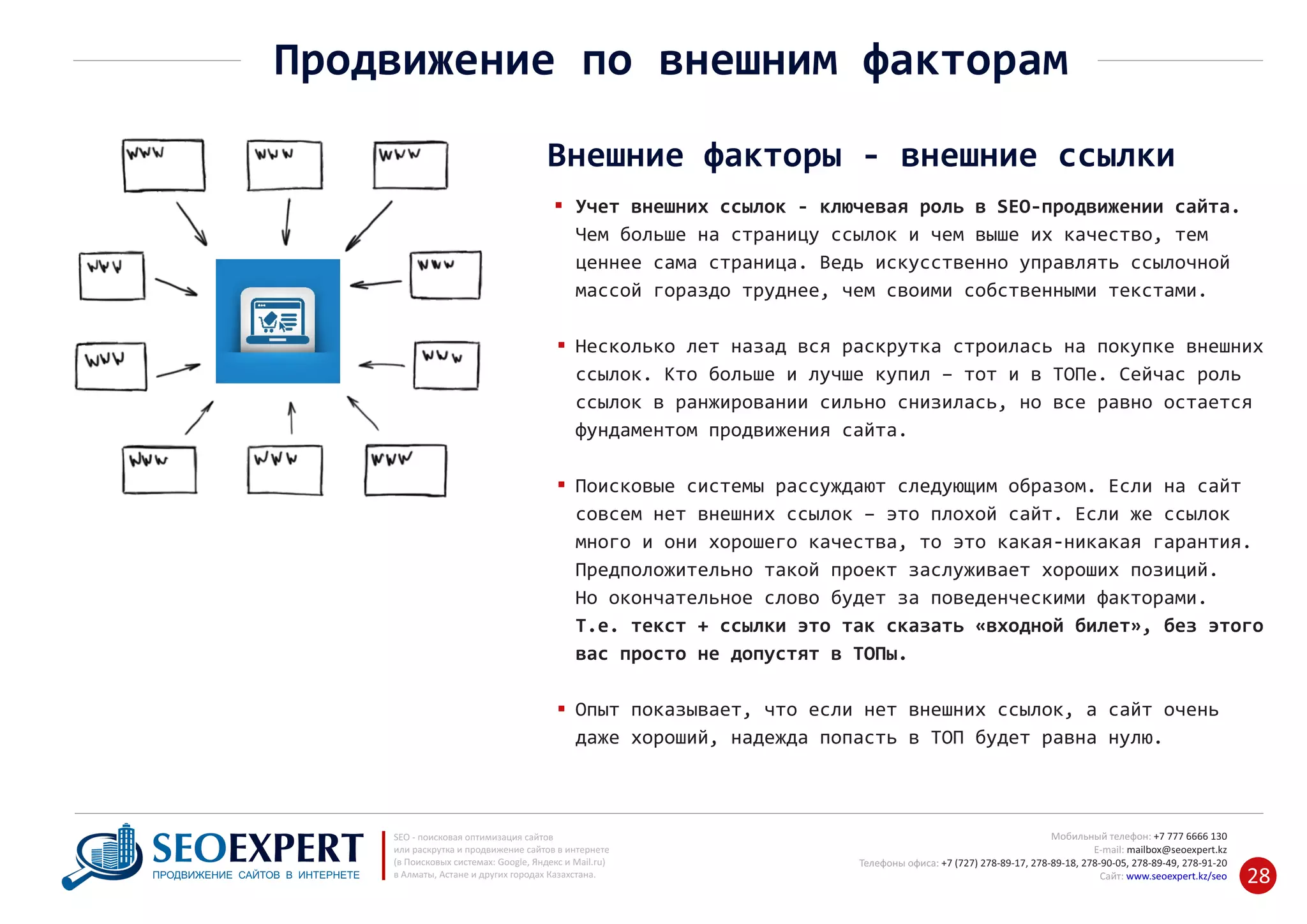 +7 777 6666 130Мобильный телефон:
@seoexpert.kzE‐mail: mailbox
+7 (727) 278‐89‐17, 278‐89‐18, 278‐90‐05 , 278‐91‐20Телефоны офиса: , 278‐89‐49
Сайт: www.seoexpert.kz/seo
SEO ‐ поисковая оптимизация сайтов
или раскрутка и продвижение сайтов в интернете
(в Поисковых системах: Google, Яндекс и Mail.ru)
в Алматы, Астане и других городах Казахстана.ПРОДВИЖЕНИЕ САЙТОВ В ИНТЕРНЕТЕ 28
Продвижение по внешним факторам
Внешние факторы ‐ внешние ссылки
Учет внешних ссылок ‐ ключевая роль в SEO‐продвижении сайта.
Чем больше на страницу ссылок и чем выше их качество, тем
ценнее сама страница. Ведь искусственно управлять ссылочной
массой гораздо труднее, чем своими собственными текстами.
Несколько лет назад вся раскрутка строилась на покупке внешних
ссылок. Кто больше и лучше купил – тот и в ТОПе. Сейчас роль
ссылок в ранжировании сильно снизилась, но все равно остается
фундаментом продвижения сайта.
Поисковые системы рассуждают следующим образом. Если на сайт
совсем нет внешних ссылок – это плохой сайт. Если же ссылок
много и они хорошего качества, то это какая‐никакая гарантия.
Предположительно такой проект заслуживает хороших позиций.
Но окончательное слово будет за поведенческими факторами.
Т.е. текст + ссылки это так сказать «входной билет», без этого
вас просто не допустят в ТОПы.
Опыт показывает, что если нет внешних ссылок, а сайт очень
даже хороший, надежда попасть в ТОП будет равна нулю.
 