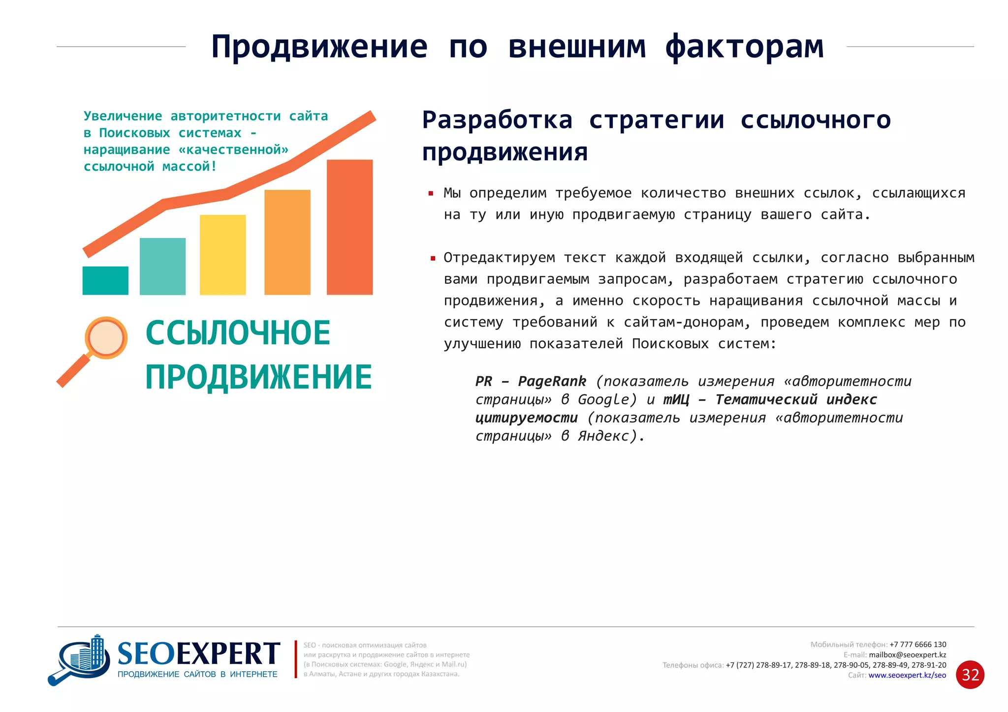 +7 777 6666 130Мобильный телефон:
@seoexpert.kzE‐mail: mailbox
+7 (727) 278‐89‐17, 278‐89‐18, 278‐90‐05 , 278‐91‐20Телефоны офиса: , 278‐89‐49
Сайт: www.seoexpert.kz/seo
SEO ‐ поисковая оптимизация сайтов
или раскрутка и продвижение сайтов в интернете
(в Поисковых системах: Google, Яндекс и Mail.ru)
в Алматы, Астане и других городах Казахстана.ПРОДВИЖЕНИЕ САЙТОВ В ИНТЕРНЕТЕ 32
Продвижение по внешним факторам
Разработка стратегии ссылочного
продвижения
Мы определим требуемое количество внешних ссылок, ссылающихся
на ту или иную продвигаемую страницу вашего сайта.
Отредактируем текст каждой входящей ссылки, согласно выбранным
вами продвигаемым запросам, разработаем стратегию ссылочного
продвижения, а именно скорость наращивания ссылочной массы и
систему требований к сайтам‐донорам, проведем комплекс мер по
улучшению показателей Поисковых систем:
PR – PageRank (показатель измерения «авторитетности
страницы» в Google) и тИЦ – Тематический индекс
цитируемости (показатель измерения «авторитетности
страницы» в Яндекс).
ССЫЛОЧНОЕ
ПРОДВИЖЕНИЕ
Увеличение авторитетности сайта
в Поисковых системах ‐
наращивание «качественной»
ссылочной массой!
 