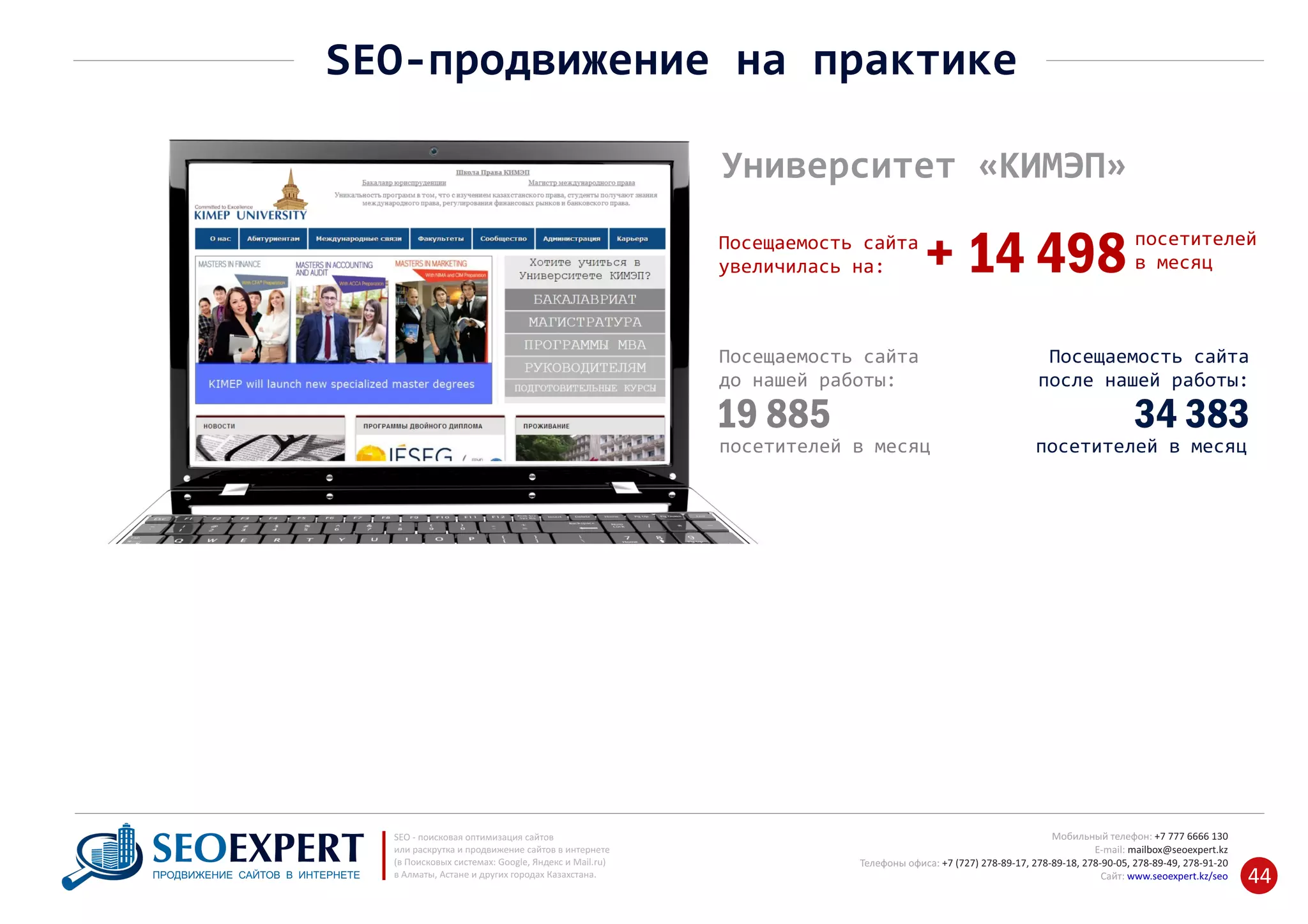 +7 777 6666 130Мобильный телефон:
@seoexpert.kzE‐mail: mailbox
+7 (727) 278‐89‐17, 278‐89‐18, 278‐90‐05 , 278‐91‐20Телефоны офиса: , 278‐89‐49
Сайт: www.seoexpert.kz/seo
SEO ‐ поисковая оптимизация сайтов
или раскрутка и продвижение сайтов в интернете
(в Поисковых системах: Google, Яндекс и Mail.ru)
в Алматы, Астане и других городах Казахстана.ПРОДВИЖЕНИЕ САЙТОВ В ИНТЕРНЕТЕ 44
SEO‐продвижение на практике
Университет «КИМЭП»
посетителей
в месяц+ 14 498Посещаемость сайта
увеличилась на:
Посещаемость сайта
до нашей работы:
19 885
посетителей в месяц
Посещаемость сайта
после нашей работы:
34 383
посетителей в месяц
 