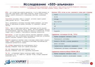 Влияние HTML‐тегов на вес ключевого слова для страницыHTML — это теговый язык разметки документов, то есть любой документ на
языке HTML представляет собой набор элементов, причем начало и конец
каждого элемента обозначается специальными пометками, называемыми
тегами.
(заголовки) имеют 6 степеней: заголовок первого уровняТеги H1‐H6
самый крупный; шестого ‐ самый мелкий.
Текст, заключенный в заголовки поисковые машины ранжируют, как более
важный (в зависимости от уровня заголовка) по сравнению с обычным
текстом.
Title ‐ один из самых важных факторов, позволяющих достичь высоких
позиций сайта в результатах поиска. Однако, при всей кажущейся простоте
его использования, существует множество нюансов и особенностей, которые
следует знать и понимать, чтобы добиться наилучших результатов.
‐ в этом тэге дается краткое описание содержания страницы.Description
Эти данные могут быть использованы поисковыми системами для составления
краткого описания страницы в списке результатов.
содержаться ключевые слова и поисковые запросы вашего ресурса.Keywords
Слова, стоящие в Keywords, используются некоторыми поисковиками для
определения релевантности страниц.
предназначен для акцентирования текста.Тег <strong>
Браузеры отображают такой текст жирным начертанием.
предназначен для акцентирования текста.Тег <em>
Браузеры отображают такой текст курсивным начертанием.
‐ устанавливает жирное начертание шрифта. ДопустимоТег <b>
использовать этот тег совместно с другими тегами, которые определяют
начертание текста.
Title 100%
H1‐H6 71%
Strong 34%
Description 31%
B 27%
EM 25%
P 24%
Keywords 24%
H1‐H6, TITLEСодержание заголовков
Прямое вхождение ключевого слова 84%
Уникальность заголовка 48%
Близость (Н1‐Н6) к началу документа 47%
Длина заголовка 36%
Грамматически правильное содержание 35%
Разбавление заголовка неключевыми словами 18%
Содержание элементов абзаца STRONG, EM, B
Прямое вхождение ключевого слова 37%
Разбавление элемента неключевыми словами 19%
+7 777 6666 130Мобильный телефон:
@seoexpert.kzE‐mail: mailbox
+7 (727) 278‐89‐17, 278‐89‐18, 278‐90‐05 , 278‐91‐20Телефоны офиса: , 278‐89‐49
Сайт: www.seoexpert.kz/seo
SEO ‐ поисковая оптимизация сайтов
или раскрутка и продвижение сайтов в интернете
(в Поисковых системах: Google, Яндекс и Mail.ru)
в Алматы, Астане и других городах Казахстана.ПРОДВИЖЕНИЕ САЙТОВ В ИНТЕРНЕТЕ 13
Исследование «SEO‐альманах»
«SEO‐альманах» масштабное исследование факторов ранжирования, целью которого стала оценка значимости внутренней оптимизации
на продвижении сайта в Поисковых системах: Google, Яндекс и Mail.ru.
 
